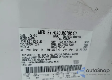 2016 Ford Explorer Xlt из США, поврежденный, VIN 1FM5K8D80GGA24522